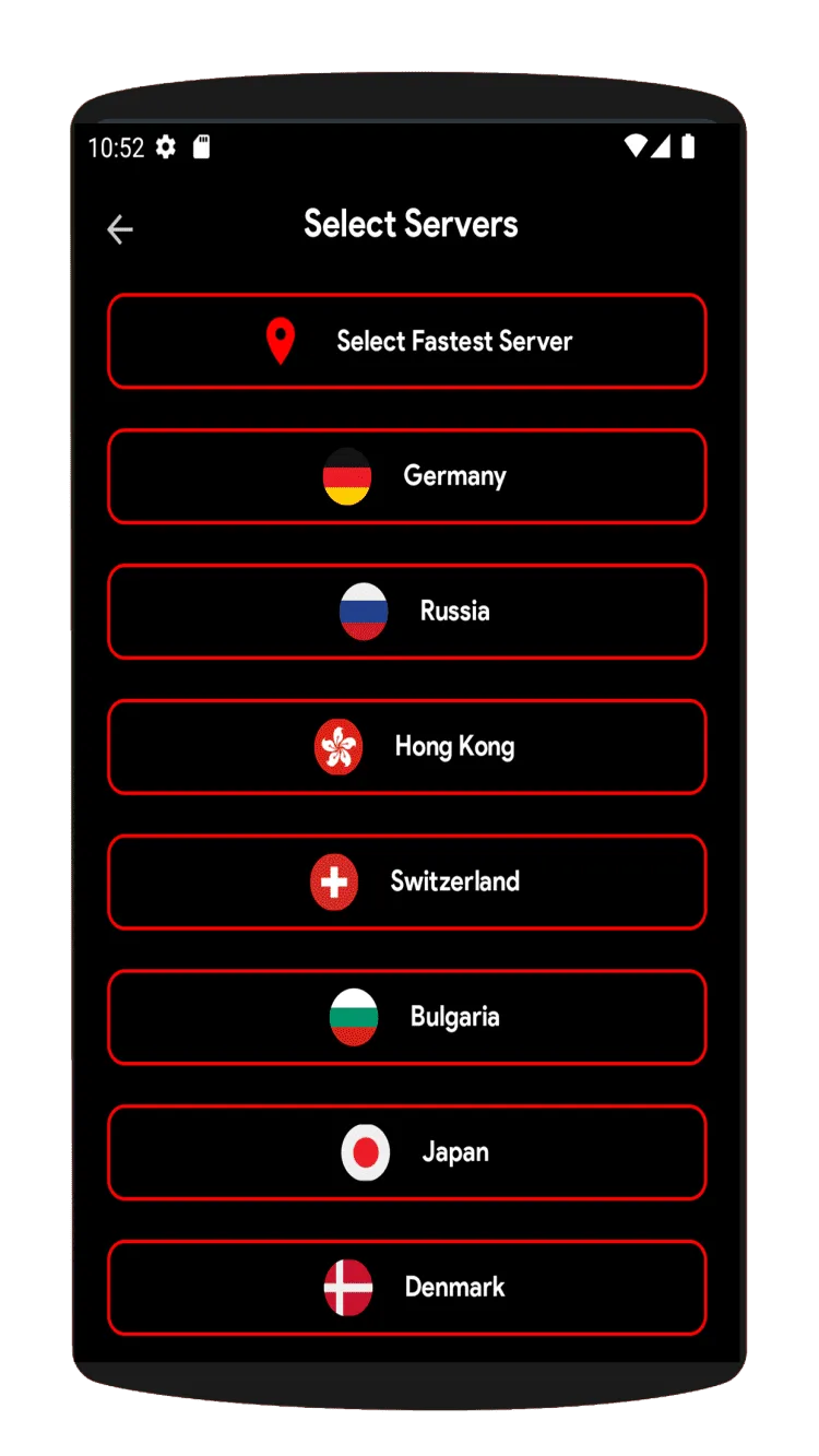 XNXUBD VPN Browser server selection screen