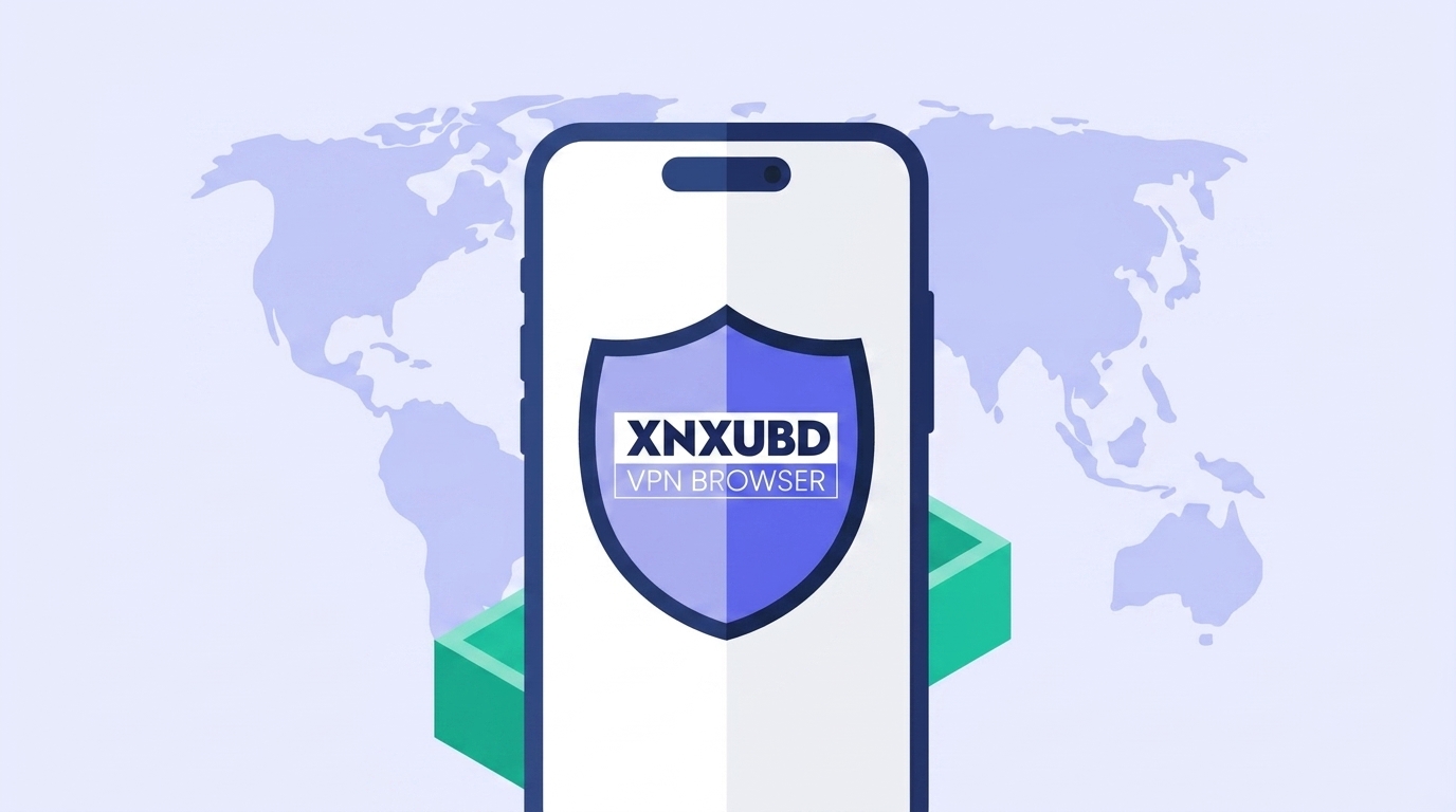 XNXUBD VPN Browser APK — secure shield protecting a phone over a world map illustration